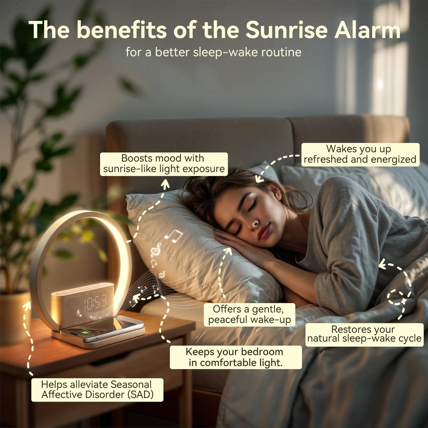 Sunrise Alarm Clock with Wireless Charging & White Noise – 3 Wake Modes + Snooze – Touch Night Light & 10 Sleep Sounds – Digital Clock for Heavy Sleepers, Bedroom & Gifts Decor