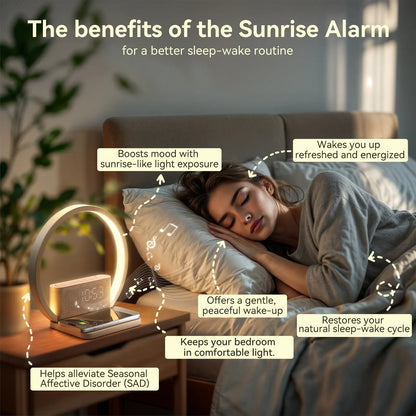 Sunrise Alarm Clock with Wireless Charging & White Noise – 3 Wake Modes + Snooze – Touch Night Light & 10 Sleep Sounds – Digital Clock for Heavy Sleepers, Bedroom & Gifts Decor